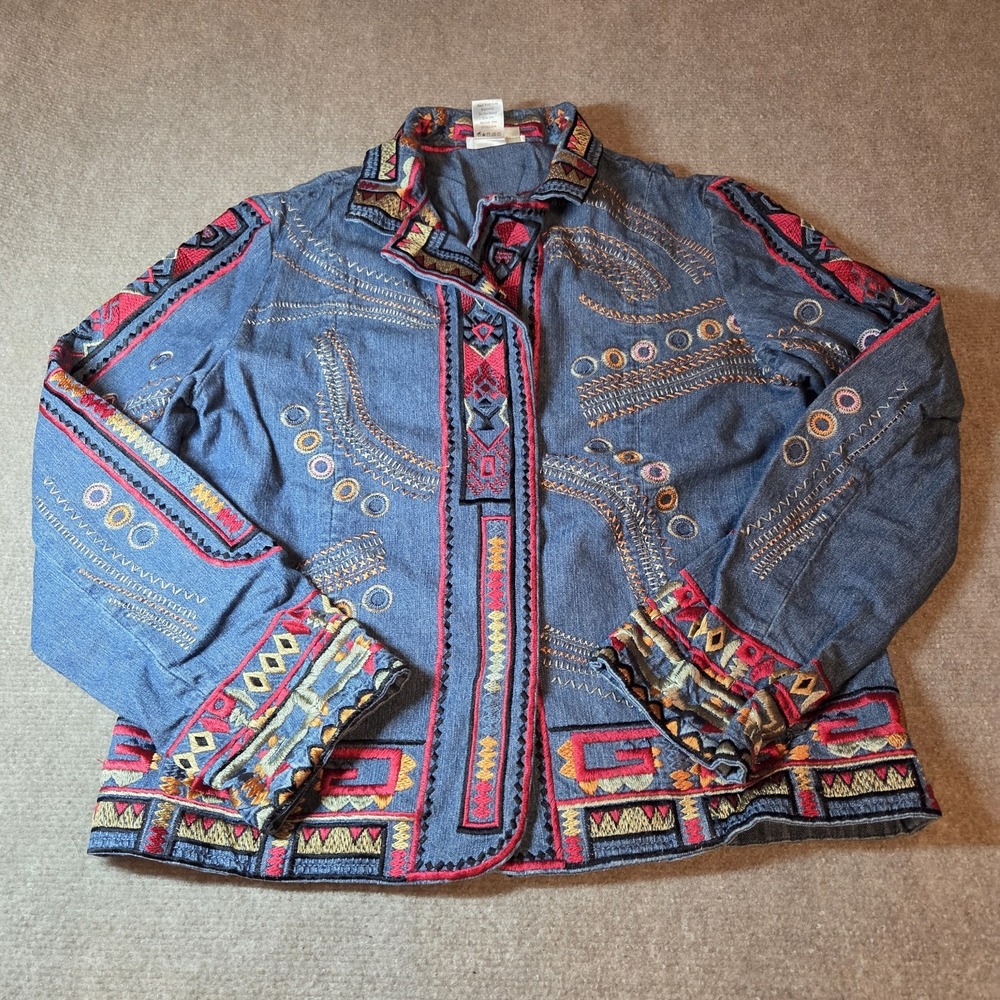 Coldwater Creek Womens XS Blue Denim Embroidered Southwestern Snap Front Jacket